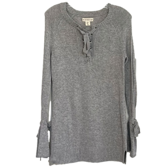 If It Were Me Anthropologie Gray Lace Up Collar Bell Sleeve Long Sweater Medium - Picture 2 of 16